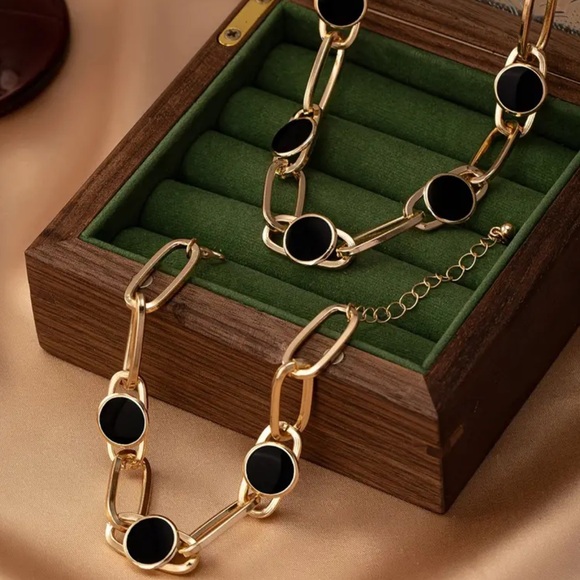 Chunky Luxury Gold Chain Necklace & Bracelet Set with Bold Black Accents Modern - Picture 4 of 5